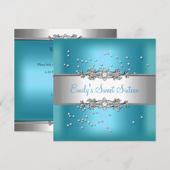 Invitation Sweet sixteen Anniversaire Bleu Turquoise Diamants (Devant / Derrière)