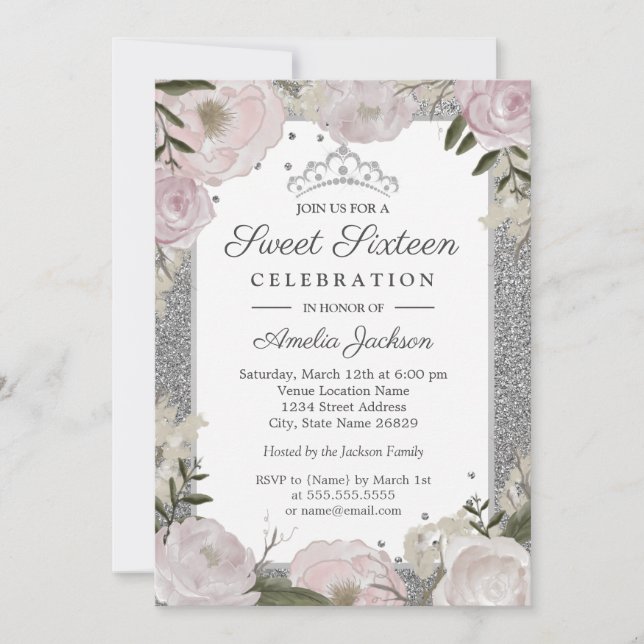 Invitation Sweet sixteen Anniversaire Étincelle Rose Argent F (Devant)