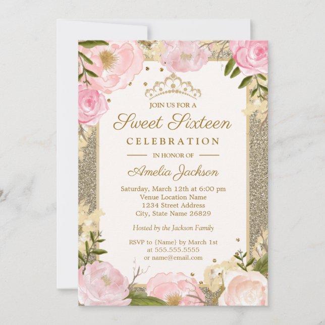 Invitation Sweet sixteen Anniversaire Étincelle Rose Or Flora (Devant)
