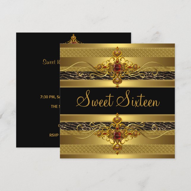 Invitation Sweet sixteen Anniversaire Sauvage Élégant Or Rich (Devant / Derrière)
