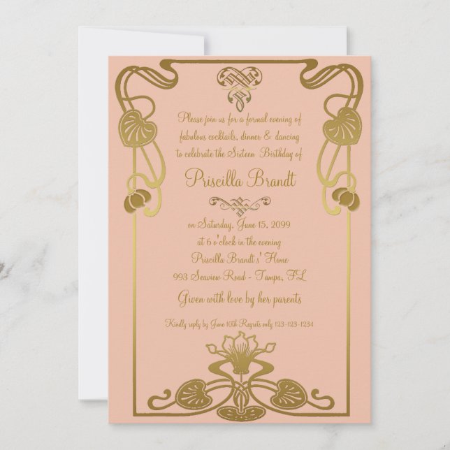 Invitation Sweet sixteen Anniversaire, style Gatsby, Pêche &  (Devant)