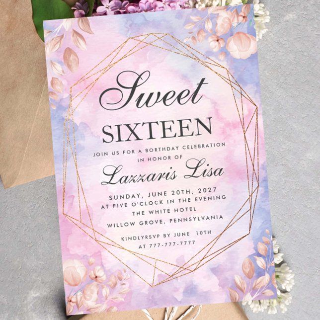 Invitation Sweet sixteen Aquarelle Floral Violet Anniversaire (Créateur téléchargé)