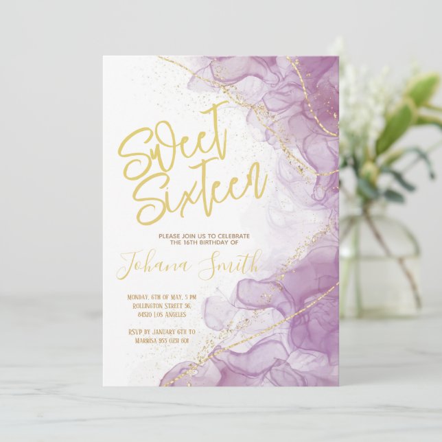 Invitation Sweet sixteen Aquarelle Purple Or Anniversaire (Debout devant)