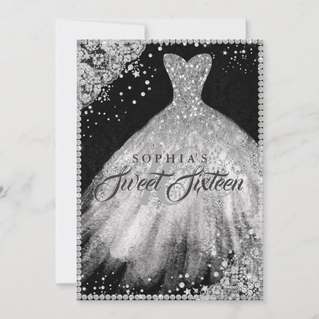 Invitation Sweet sixteen argenté noir diamant étincelant (Devant)