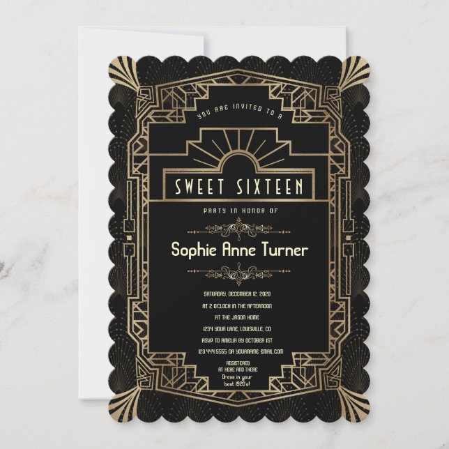 Invitation Sweet sixteen | Art Déco Gold Great Gatsby 1920 (Devant)