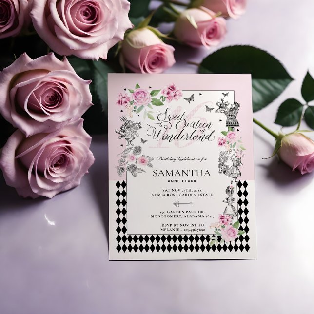 Invitation Sweet sixteen au pays des merveilles Chic Floral F (Sweet Sixteen in Wonderland Chic Floral Fairytale Invitation)