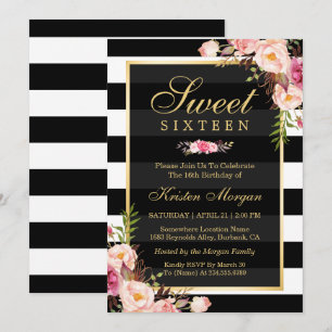 Invitation Sweet sixteen Belle Flore Noir Blancs