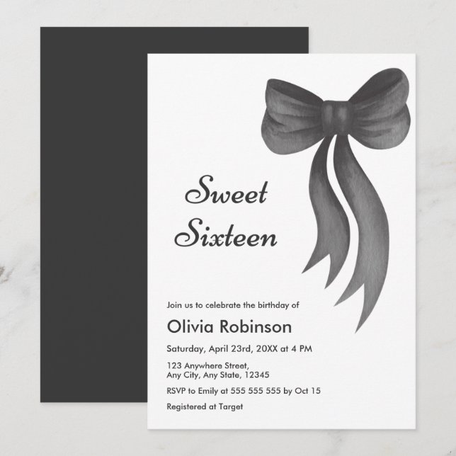 Invitation Sweet Sixteen Black Bow 16th Birthday  (Devant / Derrière)