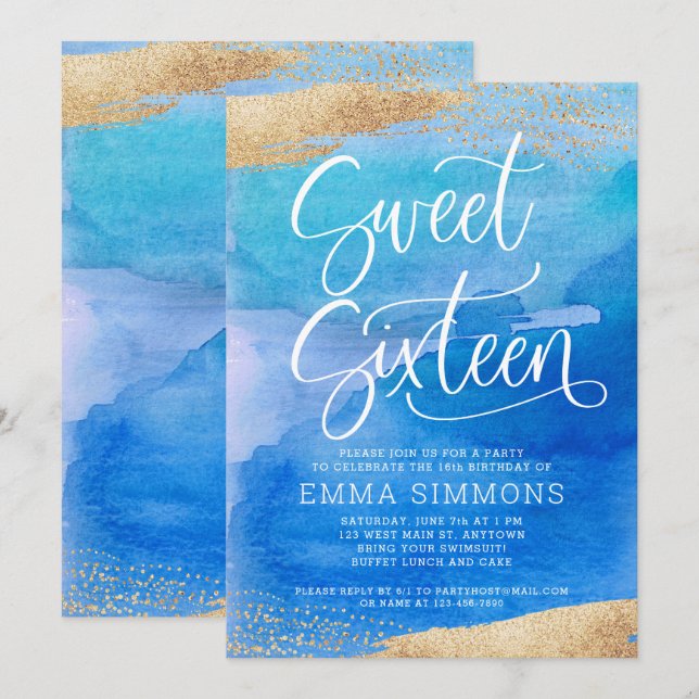 Invitation Sweet sixteen Bleu Aquarelle Or Anniversaire (Devant / Derrière)
