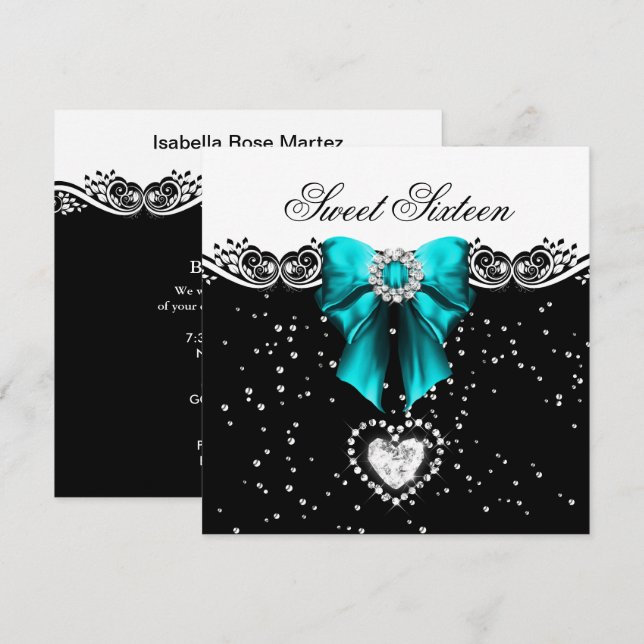 Invitation Sweet sixteen bleu turquoise Sweet 16 Party (Devant / Derrière)