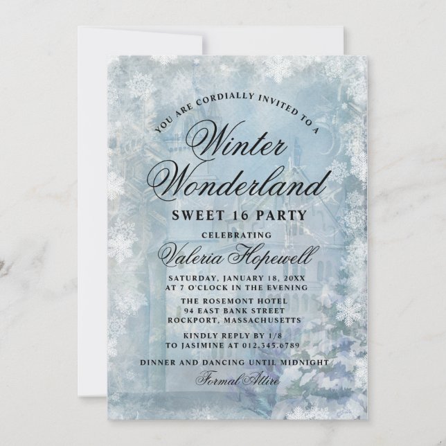 Invitation Sweet sixteen Blue Winter Wonderland Snowflake (Devant)