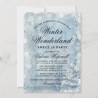 Invitation Sweet sixteen Blue Winter Wonderland Snowflake