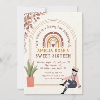 Invitation Sweet sixteen Boho avec arc-en-ciel et fleurs rust