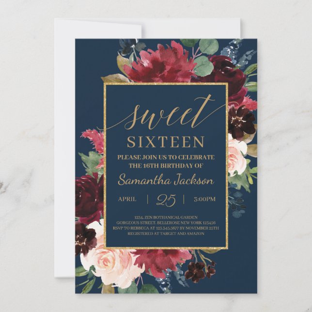 Invitation Sweet sixteen boho marine bordeaux floral (Devant)