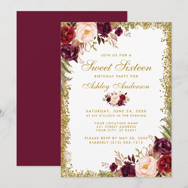 Invitation Sweet sixteen Bourgogne Floral Parties scintillant (Devant / Derrière)
