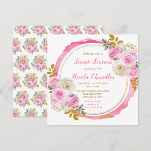 Invitation Sweet sixteen brillant rose et or Fleurs élégantes