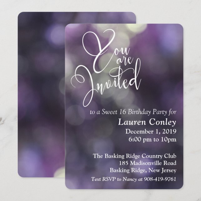 Invitation Sweet sixteen clair violet Bokeh 1 (Devant / Derrière)