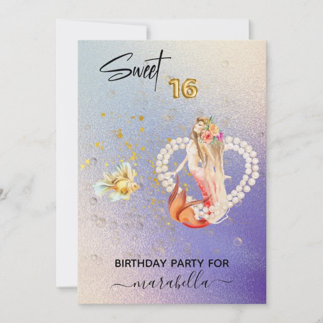 Invitation *~* SWEET SIXTEEN Coeur Mermaid Pearl 16 Anniversa (Devant)