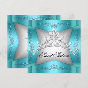Invitation Sweet Sixteen Couronne de Tiare Argent Bleu Canard