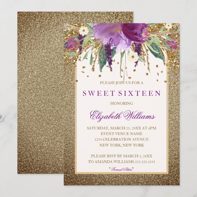 Invitation Sweet sixteen d'Améthyste à la floraison d'or (Devant / Derrière)