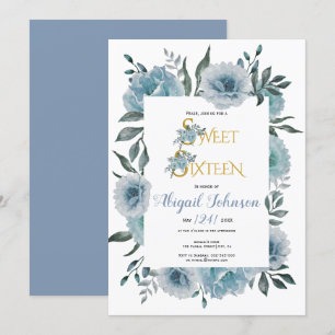 Invitation Sweet sixteen d'anniversaire des fleurs bleu foncé