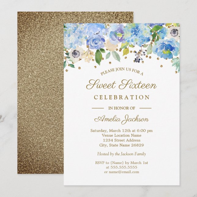Invitation Sweet sixteen d'aquarelle bleu or Floral Invitatio (Devant / Derrière)