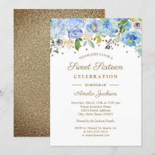 Invitation Sweet sixteen d'aquarelle bleu or Floral Invitatio