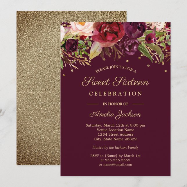 Invitation Sweet sixteen d'aquarelle de couleur or bordeaux (Devant / Derrière)