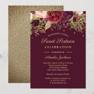 Invitation Sweet sixteen d'aquarelle de couleur or bordeaux