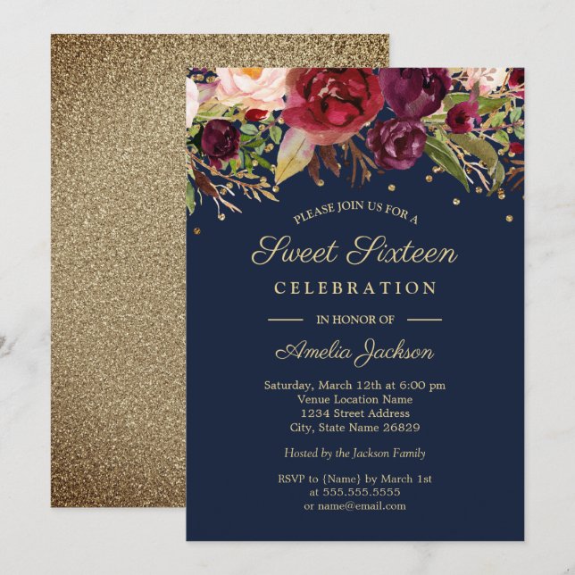 Invitation Sweet sixteen d'aquarelle florale de la marine bor (Devant / Derrière)