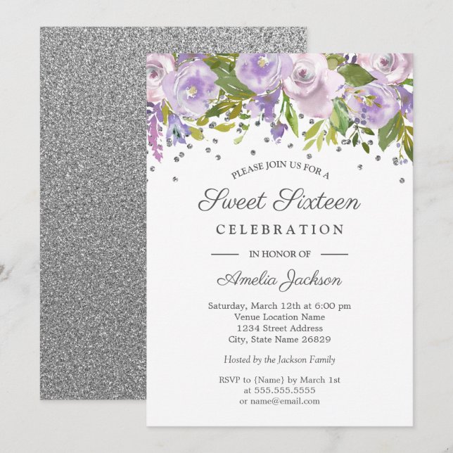 Invitation Sweet sixteen d'aquarelle florale violet argenté (Devant / Derrière)