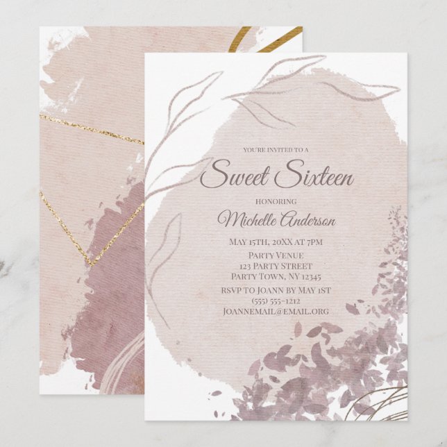 Invitation Sweet sixteen d'aquarelle moderne Dusty Rose 16 (Devant / Derrière)