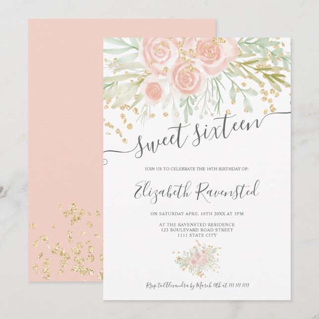 Invitation sweet sixteen d'aquarelle vert rose pastel (Devant / Derrière)