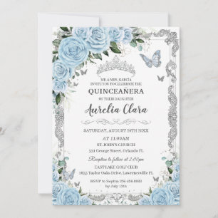 Invitation Sweet sixteen d'argent bleu ciel Floral QUINCEAÑER