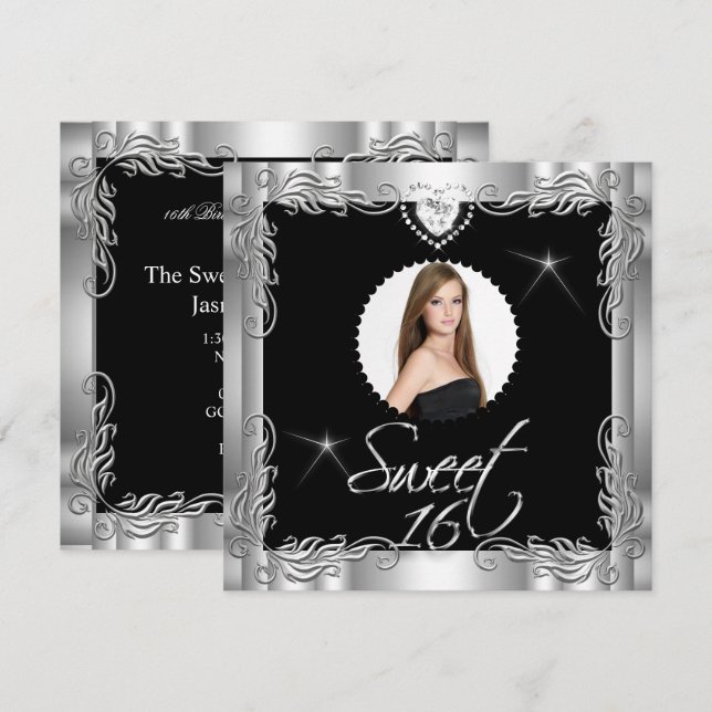 Invitation Sweet sixteen d'argent noir doux 16 photo (Devant / Derrière)