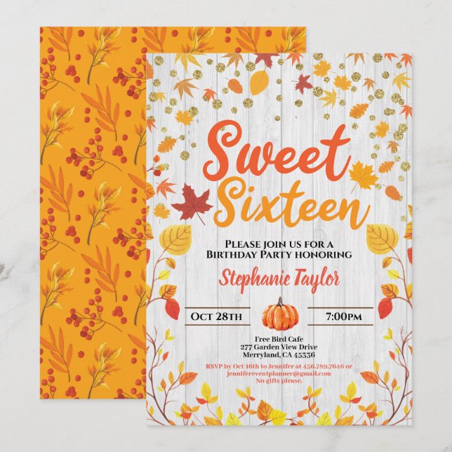 Invitation Sweet sixteen d'automne 16 anniversaire de fête d' (Devant / Derrière)