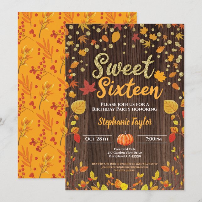 Invitation Sweet sixteen d'automne 16 anniversaire fête bois  (Devant / Derrière)