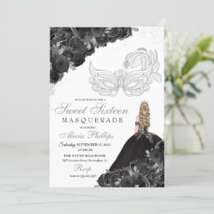 Invitation Sweet sixteen de balle Masquerade noir et argent