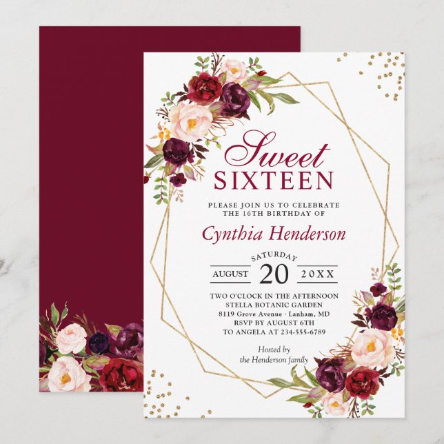 Invitation Sweet sixteen de cadre or flou Bourgogne 16 (Devant / Derrière)