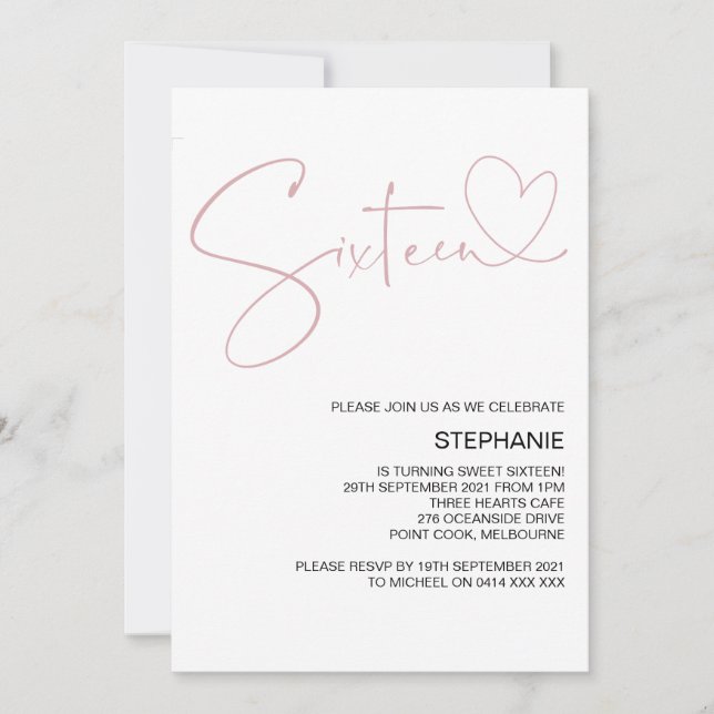 Invitation Sweet sixteen de coeur rose fête d'anniversaire (Devant)