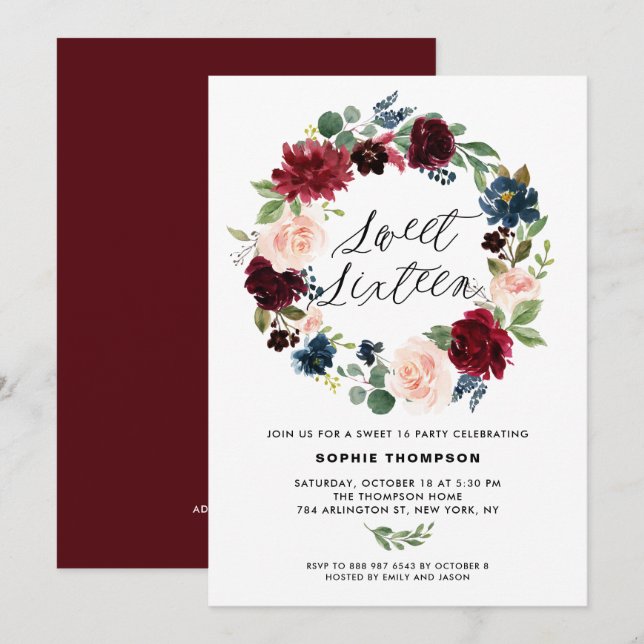 Invitation Sweet sixteen de couronnes florales de Bourgogne e (Devant / Derrière)
