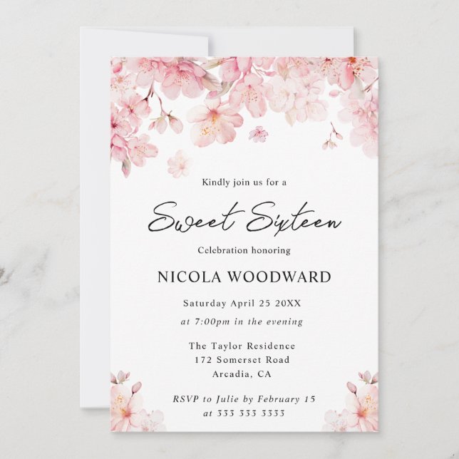 Invitation Sweet sixteen de fleurs de cerisier de printemps d (Devant)
