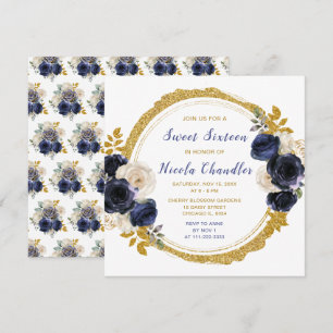 Invitation Sweet sixteen de fleurs élégantes bleu marine et o