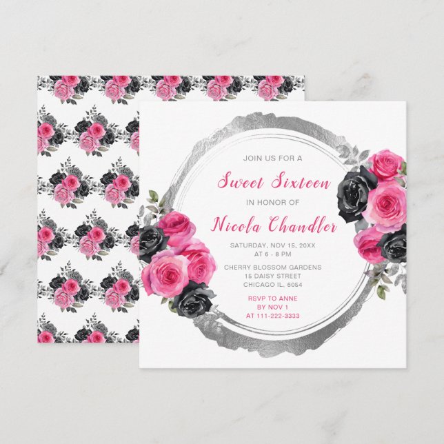 Invitation Sweet sixteen de Fleurs Élégantes Rose et Argent C (Devant / Derrière)
