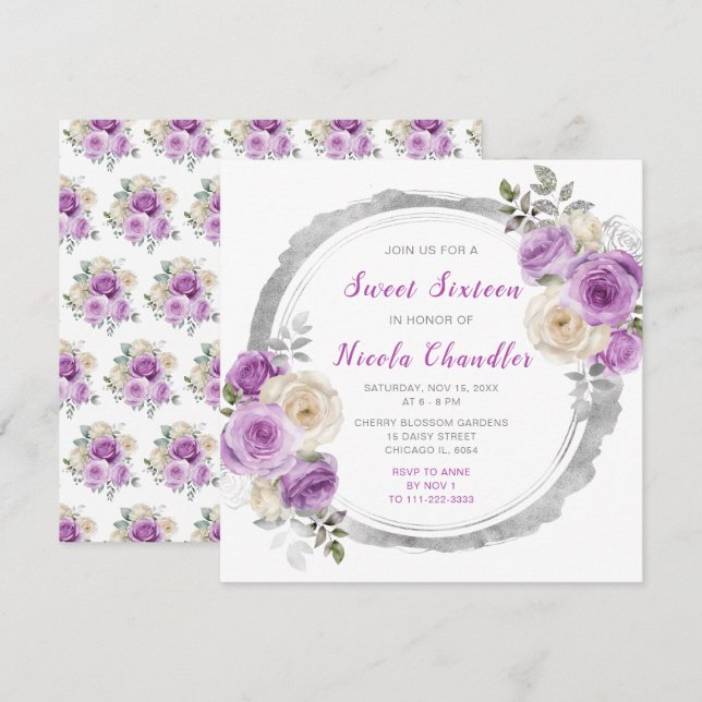 Invitation Sweet sixteen de fleurs élégantes violet et argent (Devant / Derrière)