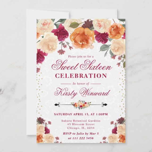 Invitation Sweet sixteen de fleurs rouges et orange (Devant)