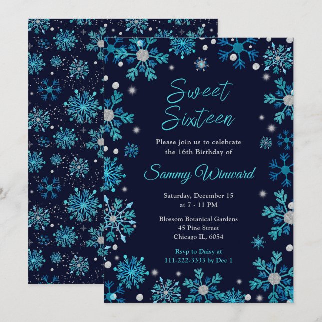 Invitation Sweet sixteen de flocons bleus et argentés (Devant / Derrière)