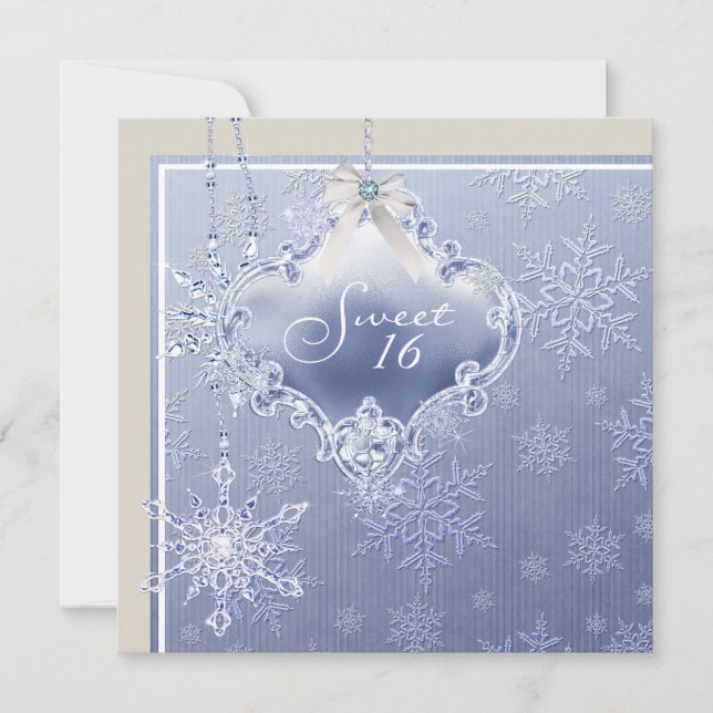 Invitation Sweet sixteen de flocons d'ivoire bleu blanc (Devant)