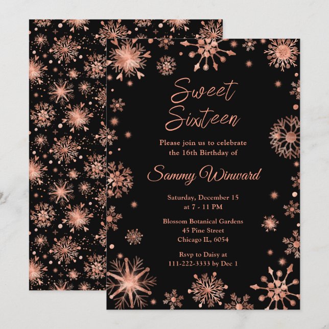 Invitation Sweet sixteen de flocons d'or rose (Devant / Derrière)