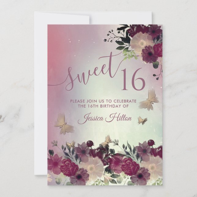 Invitation Sweet sixteen de jardin fleuri à papillon rouillé (Devant)